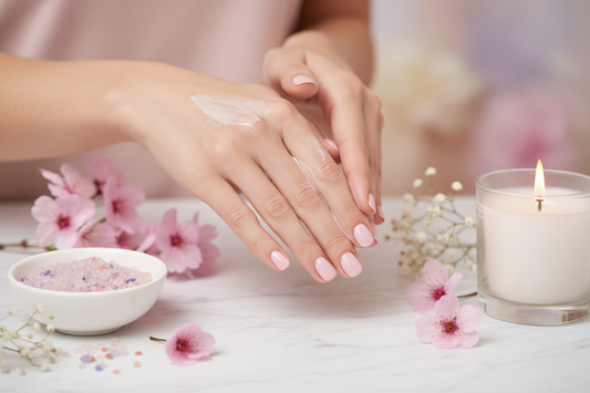 Mains féminines appliquant une crème entourées de fleurs roses et d'une bougie — rituel bien-être Agapé Wellness